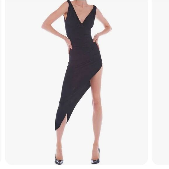 NEW. Norma Kamali Tara Side Drape Elegant Black Asymmetrical Dress. Dressy - Picture 1 of 15
